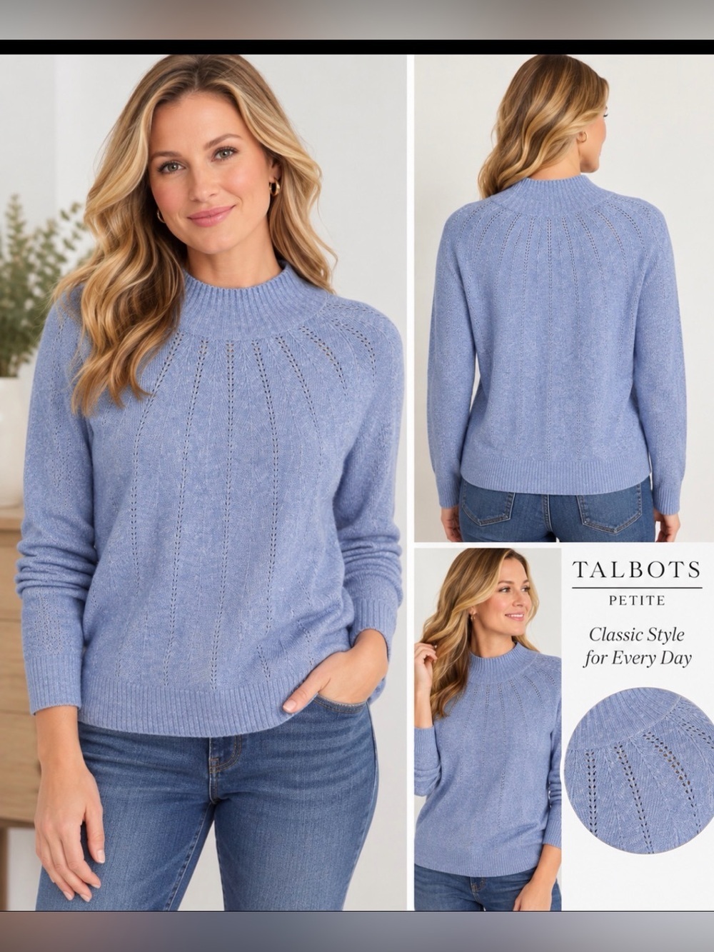 Talbots Petite SP Periwinkle Blue Pointelle Mock Neck Sweater
